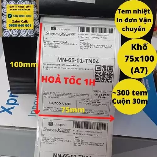 300 Tờ Giấy In Đơn Hàng Khổ 75×100 mm A7 (Cuộn 30 Mét / 300 Tem) Decal Nhiệt Tự Dính