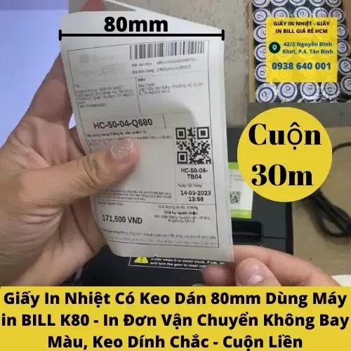 Giấy In Bill Có keo dán k80 Cuộn Liên tục, giấy in trm nhiệt có keo dán 75mm, giấy in vận đơn TMĐT cho máy in bill.