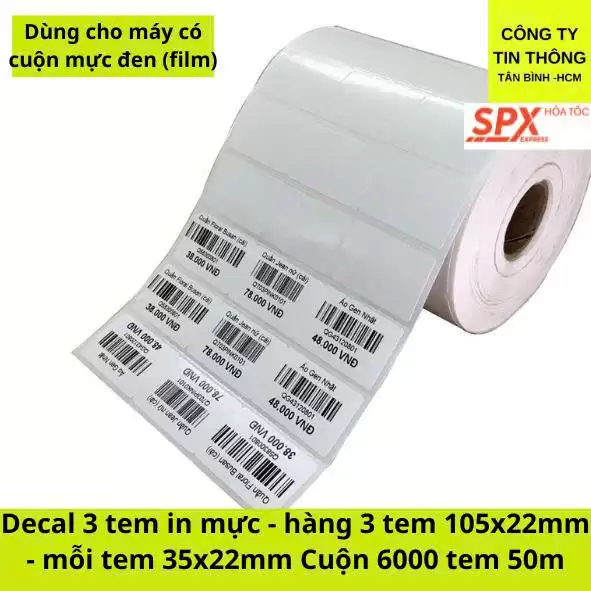Giấy in Mã Vạch 35 x 22 loại 3 tem 1 hàng – 3 Tem KHÔNG In Nhiệt, Dùng Cho Máy Cuộn Mực Than (1 cuộn 50 mét 6090 Tem)