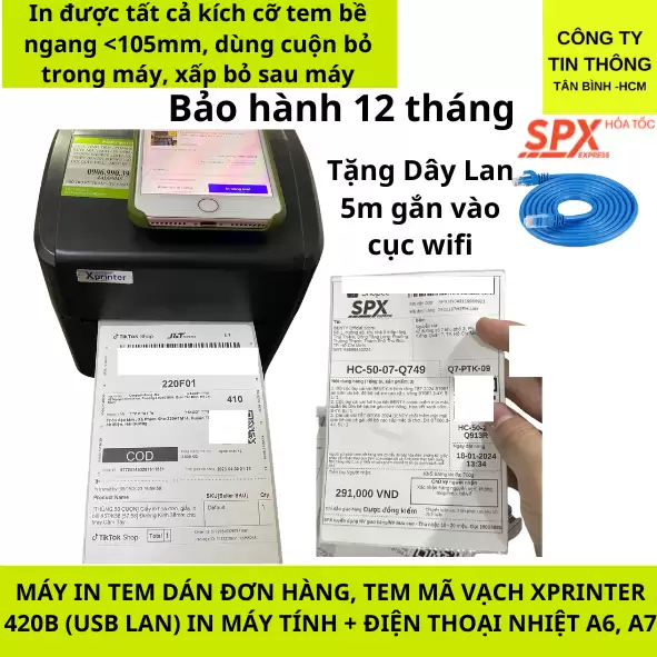 Máy in đơn hàng Shopee kết nối điện thoại Xprinter XP 420B cổng LAN