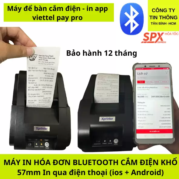 Máy in nhiệt kết nối Bluetooth qua ứng dụng Viettelpay pro Xprinter 58IIh