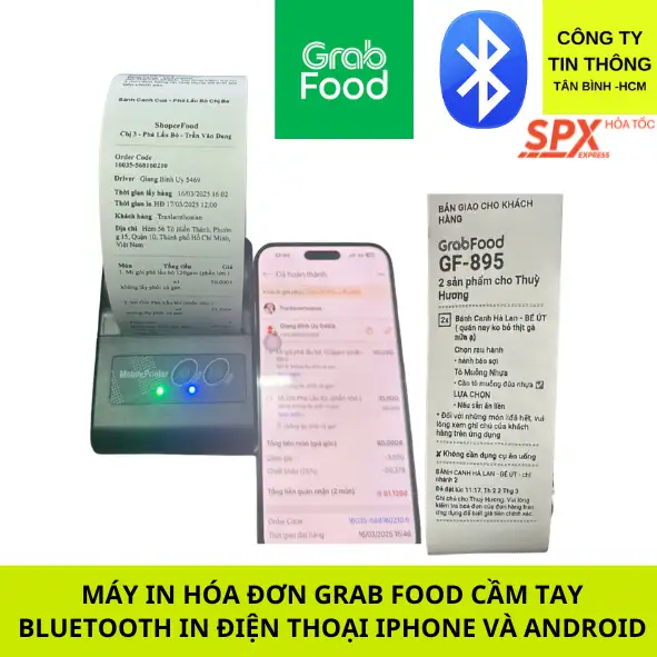 Máy in hóa đơn Grabfood shopee food cầm tay bluetooth