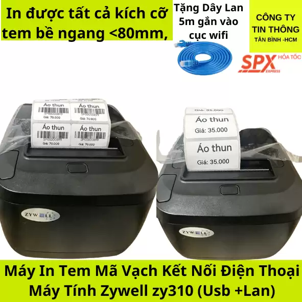 Máy in tem mã vạch kết nối điện thoại qua app Chủ Tiệm Zywell ZY310 cổng USB LAN