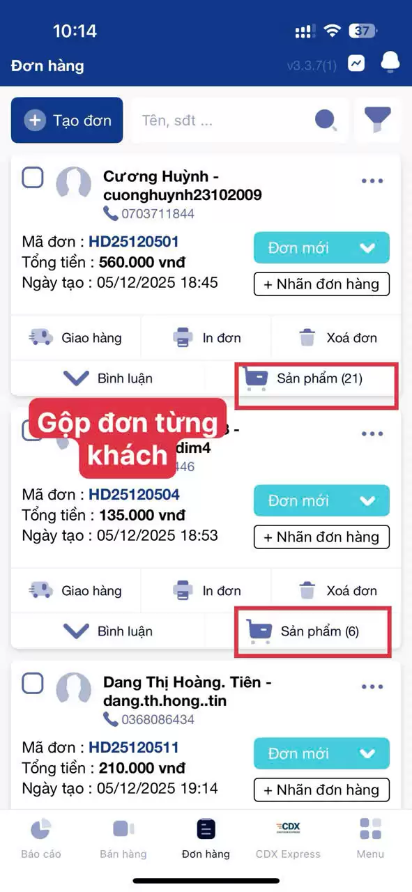 TÍNH NĂNG GỘP ĐƠN THEO TỪNG KHÁCH – APP CHOTDON.VN