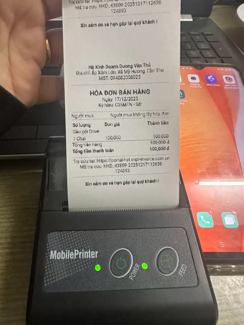 Máy in hóa đơn cầm tay bluetooth Phần mềm Hộ kinh doanh cá thể (VNPT HKD)