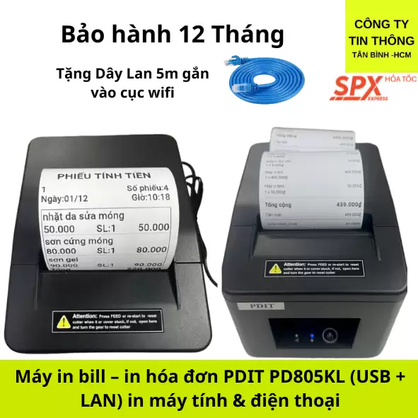 Máy in bill – in hóa đơn PDIT PD805KL (USB + LAN) in máy tính & điện thoại