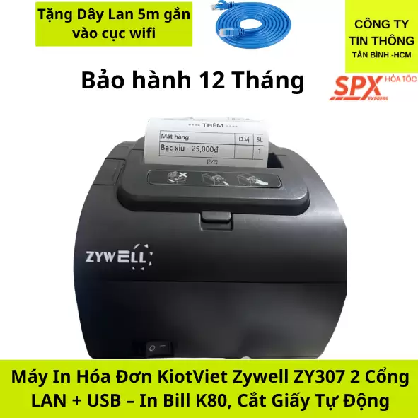 Máy In Hóa Đơn KiotViet Zywell ZY307 2 Cổng LAN + USB – In Bill K80, Cắt Giấy Tự Động
