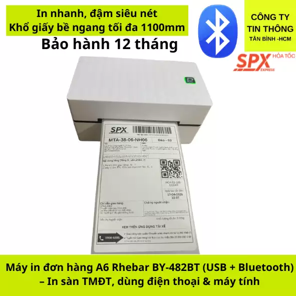 Máy in đơn hàng A6 Rhebar BY-482BT (USB + Bluetooth) – In sàn TMĐT, dùng điện thoại & máy tính
