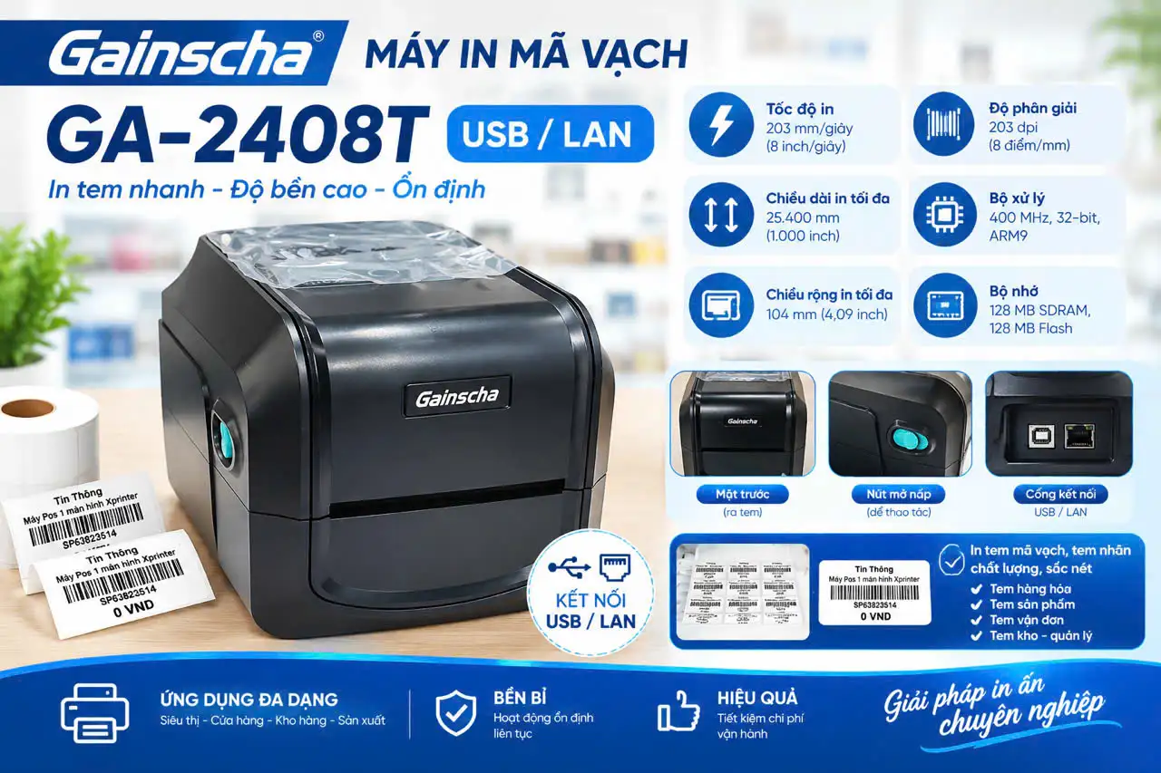 MÁY IN MÃ VẠCH GAINSCHA GA-2408T USB LAN