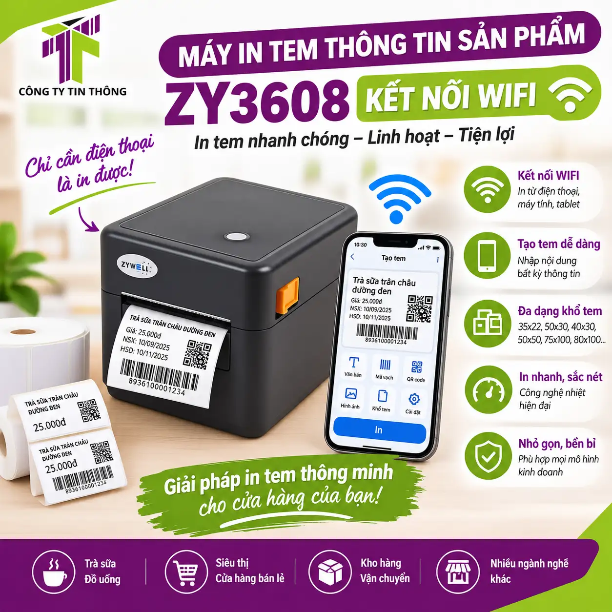 Máy in tem nhãn phụ điện thoại Zywell ZY3608 WiFi không dây