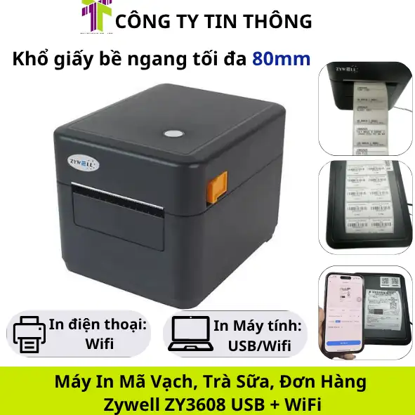 Máy In Mã Vạch, Trà Sữa, Đơn Hàng Zywell ZY3608 USB + WiFi